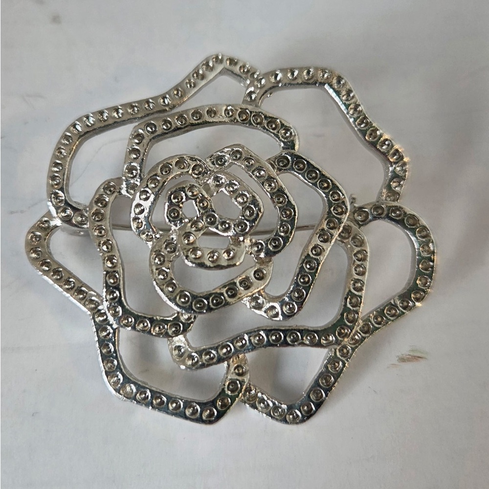 Vintage Signed JHS Rose Flower Rhinestone Brooch Pin 2”
